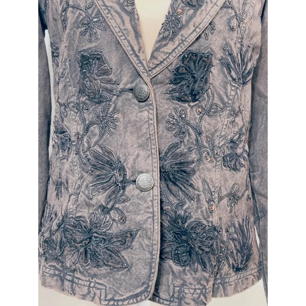 Coldwater Creek Womens Blazer 6 Brown Embroidered Beaded Floral Western Whimsy